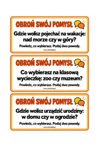 Zestaw kart dla uczniów klas 1–3, który w atrakcyjny sposób zachęca do wypowiadania się, szukania skojarzeń i twórczego myślenia. Krótkie, różnorodne zadania rozwijają słownictwo, umiejętność opisywania, uzasadniania własnego zdania oraz dostrzegania zależności.  W skład zestawu wchodzi 180 kartoników — 60 stron do samodzielnego wydrukowania. Zestaw obejmuje 6 kategorii zadań: Słowa do pary – wymyślanie skojarzeń i wyjaśnianie, co łączy podane słowa. Co to może być? – szukanie różnych odpowiedzi pasujących do wskazówki. Łowcy pomyłek – dostrzeganie błędów w zdaniach i ich poprawianie. Tajemnicze opisy – opisywanie przedmiotów bez podawania ich nazw. Obroń swój pomysł – dokonywanie wyborów i uzasadnianie swojego zdania. Co by było, gdyby…? – tworzenie opowieści o niezwykłych sytuacjach i ich możliwych skutkach. Zasady gry: Karty można wyciąć, zalaminować i wykorzystywać wielokrotnie. Uczeń losuje kartę, a następnie wykonuje zadanie ustnie lub pisemnie. Dzieci mogą pracować indywidualnie, w parach lub zespołach, słuchać swoich odpowiedzi i wspólnie rozwijać pomysły.  Zalety gry: wzbogacanie słownictwa i rozwijanie swobody wypowiadania się ćwiczenie budowania zrozumiałych i spójnych wypowiedzi rozwijanie logicznego myślenia i umiejętności kojarzenia pobudzanie wyobraźni i kreatywności doskonalenie umiejętności uzasadniania własnego zdania ćwiczenie uważnego słuchania i współpracy aktywizacja uczniów i nauka poprzez zabawę